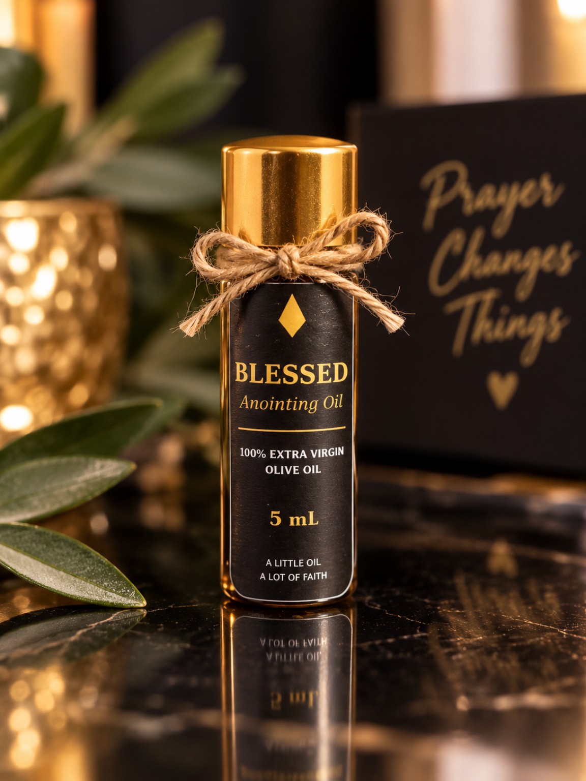 BLESSED 5 mL anointing oil bottle with a controlled-flow stopper and gold cap